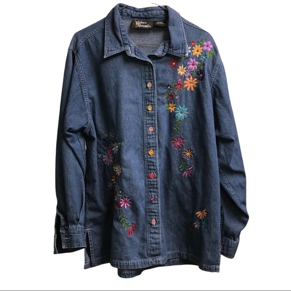 Silver Threads Floral Embroidered Denim Button Up Shirt - Size: L - Picture 1 of 4